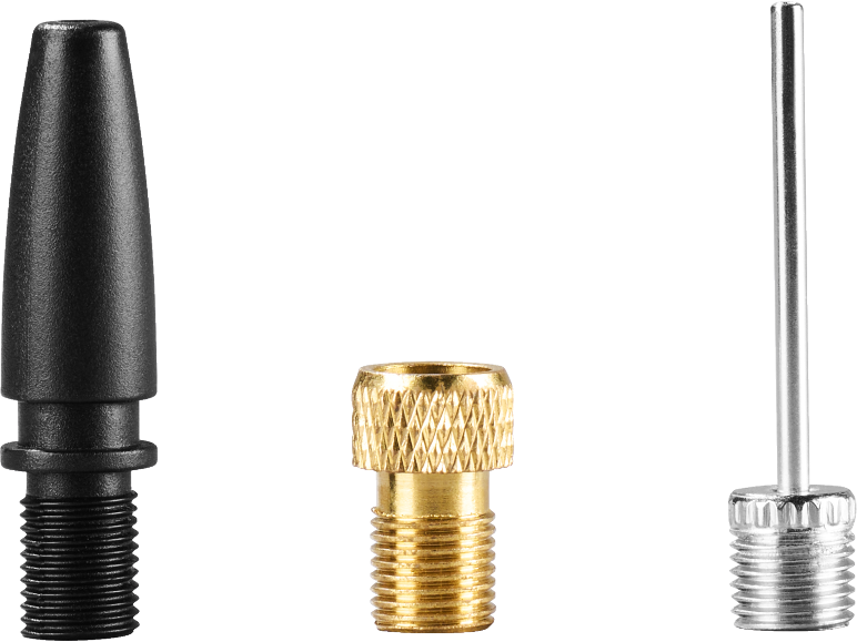Set van drie pompadapters: zwart plastic, messing en zilveren naald voor oppompen.