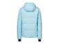 Lichtblauwe pufferjas met capuchon, achterkant.