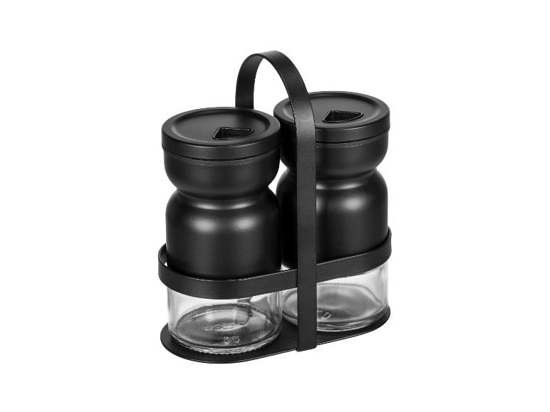 Set van twee zwarte kruidenpotjes met houder.