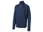 Een donkerblauwe half-zip trui met lange mouwen.