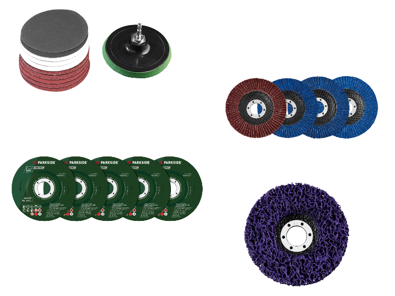 Assortiment van schuurschijven, lamellenschijven en een steunschijf voor slijpen en schuren.