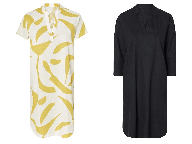 Twee jurken: één met een abstracte gele print en één effen zwarte.