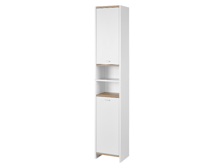 Een hoge witte badkamerkast met houten accenten.