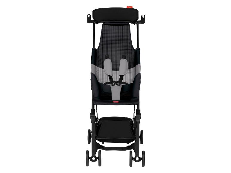 Zwarte en grijze kinderwagen met veiligheidsharnas en wielen