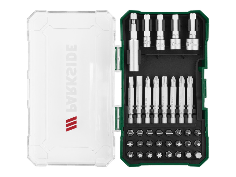 Een set schroevendraaiers en bits van Werkzeuge met een duidelijke plastic opbergdoos.