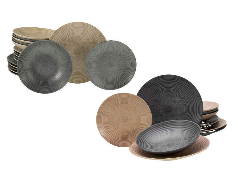 Set keramische borden in grijze en beige tinten, met een textuur.