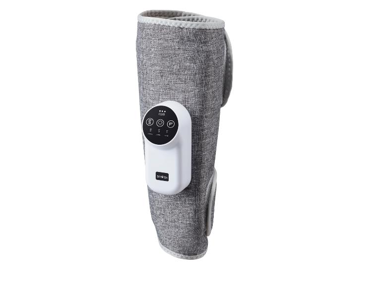 Grijze massage kniebrace met wit bedieningspaneel en digitaal display.