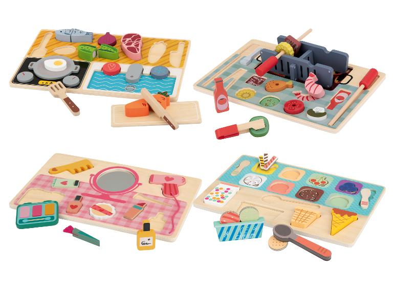 Houten speelsets met kook-, barbecue-, make-up- en ijsthema's.