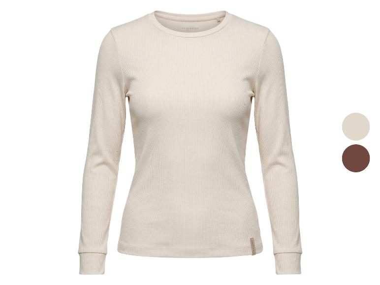 Lichtbeige geribbeld T-shirt met lange mouwen voor dames, met twee kleurstalen.