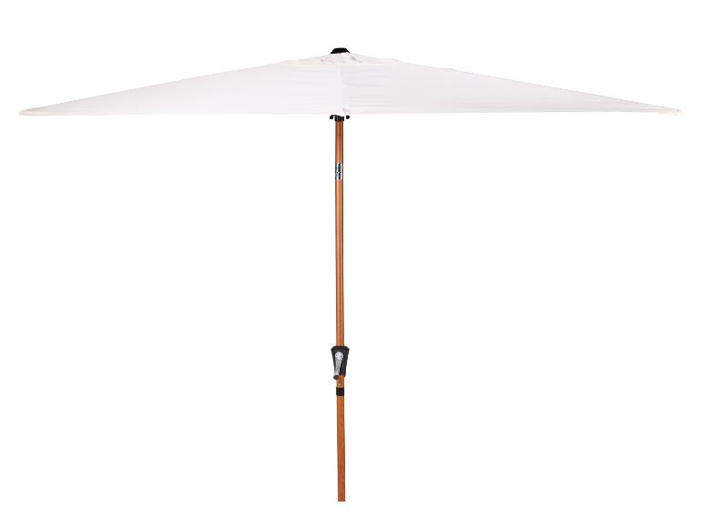 Witte rechthoekige tuinparasol met houten paal en draaimechanisme