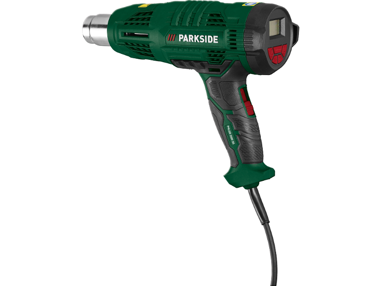 Groen heteluchtpistool met digitaal display en zwart handvat.
