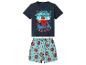 Korte jongenspyjama met marineblauw T-shirt en blauwe shorts met superheldenprint.