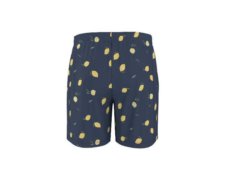 Blauwe zwemshort met citroen- en bladpatroon.