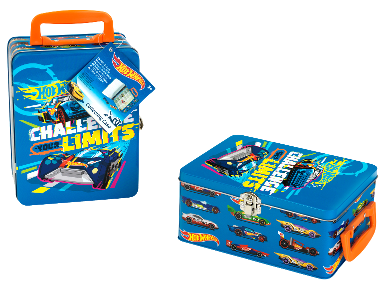 Twee blauwe Hot Wheels metalen draagkoffers voor het verzamelen van speelgoedauto's.
