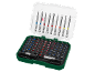Schroevendraaierbitset in groene doos, met diverse tips en adapters.