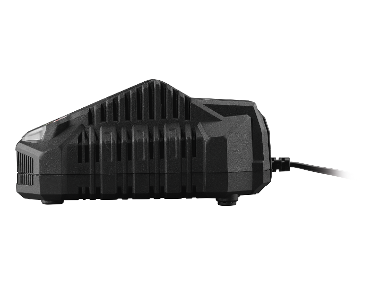 Zwarte acculader, zijaanzicht.