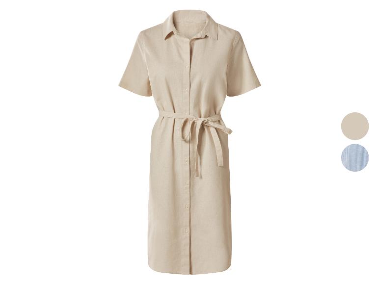 Beige dames overhemdjurk met korte mouwen en ceintuur, met kleurstalen.
