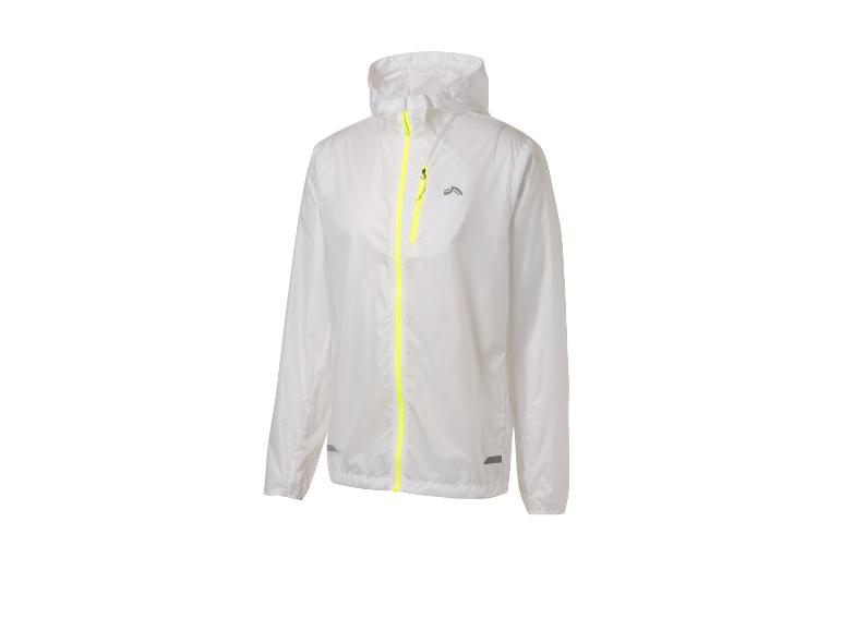Witte hardloopjas met capuchon en reflecterende details.
