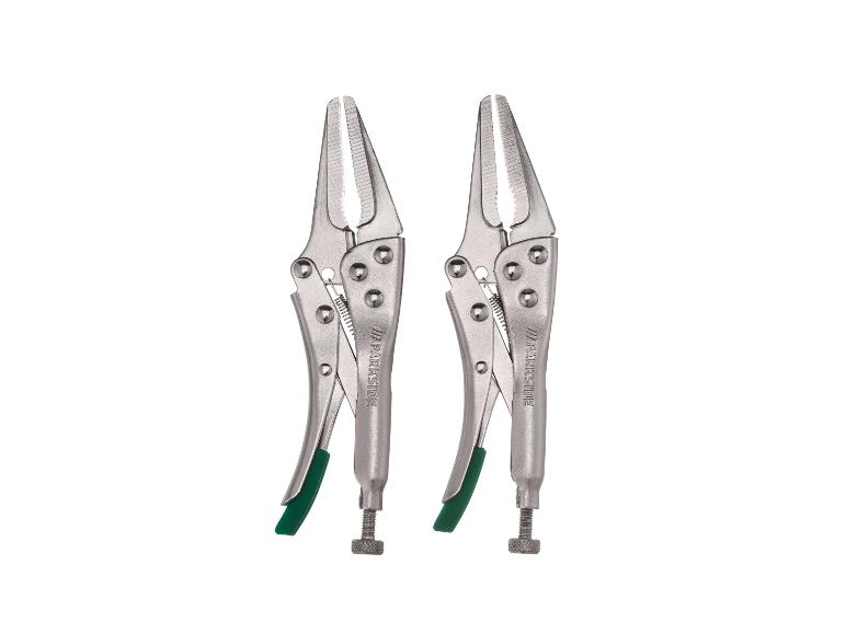 Twee zilveren Parkside waterpomptangen met groene handvatten.