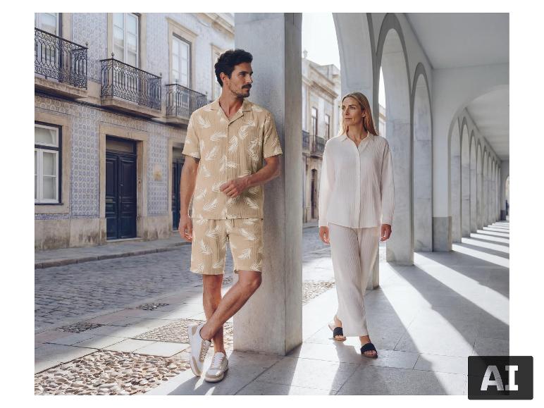 Man in beige overhemd en korte broek met palmprint, vrouw in witte linnen set, in een gewelfde doorgang.