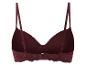 Een donkerrode beha met kanten details.