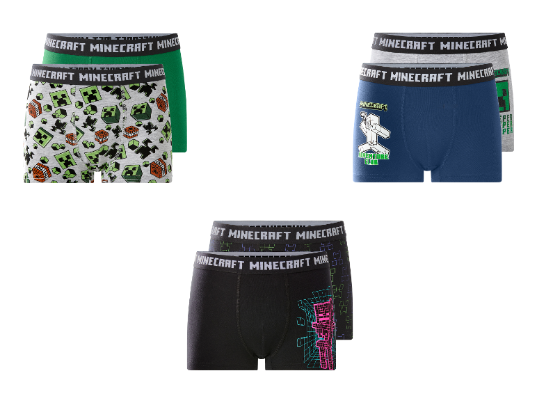 Jongensboxershorts Minecraft in drie verschillende sets van twee stuks.