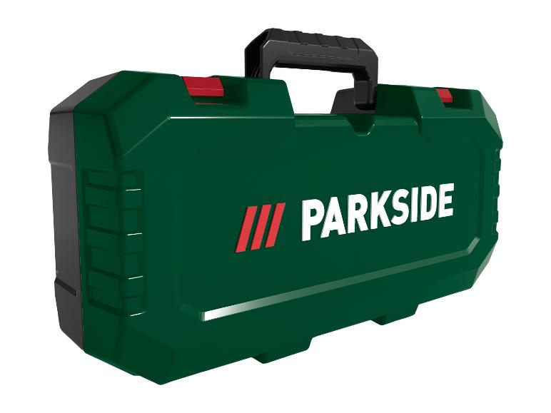 Groene Parkside gereedschapskist met zwart handvat en rode details.