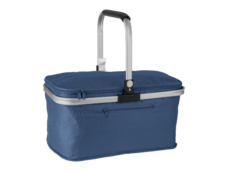 Blauwe isotherm tas met handvat voor picknick.