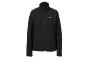 Zwart fleecejack met rits en klein roze logo op de borst.