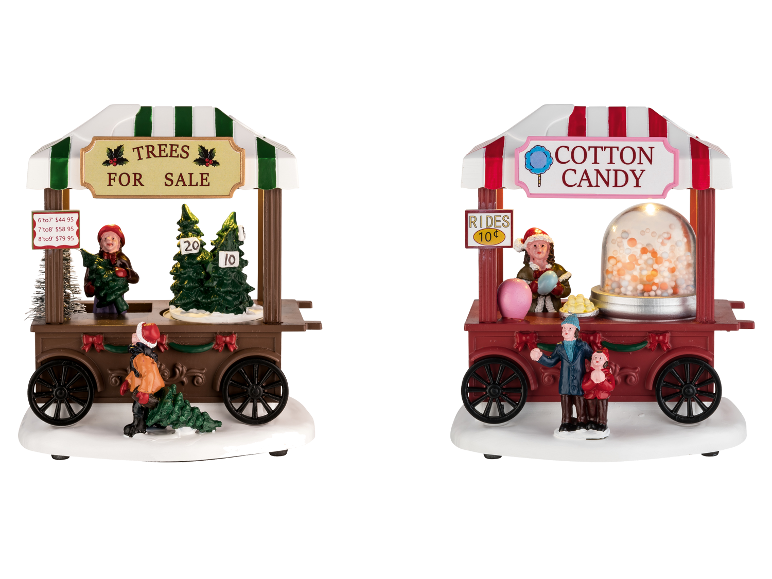 Twee kerstminiatuurscènes: een kerstboomverkoop en een suikerspinnenkraam met LED-verlichting.