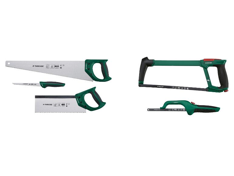 Parkside handzagenset, inclusief een grote houtzaag, snoeizaag en beugelzaag.