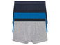 Drie boxershorts in grijs, blauw en donkerblauw.