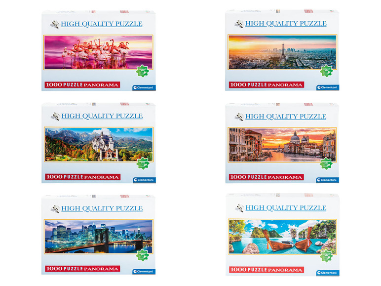 Zes Clementoni puzzels met panoramabeelden van flamingo's, Parijs, Neuschwanstein, Venetië, New York en een tropisch eiland.