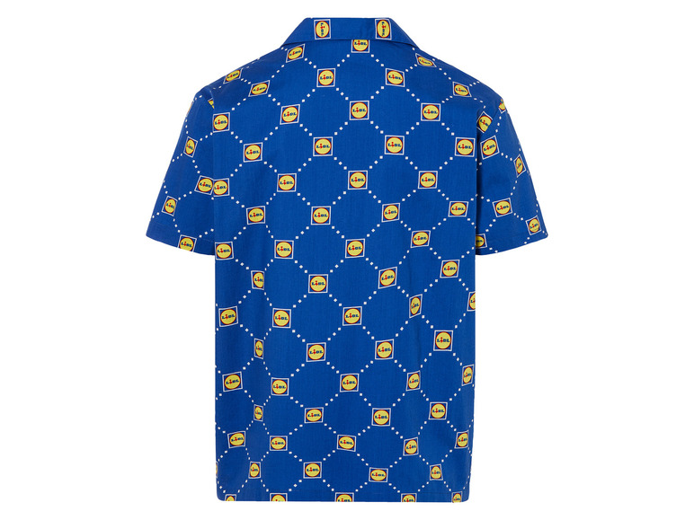 Een blauw overhemd met korte mouwen met een herhalend Lidl-logo.