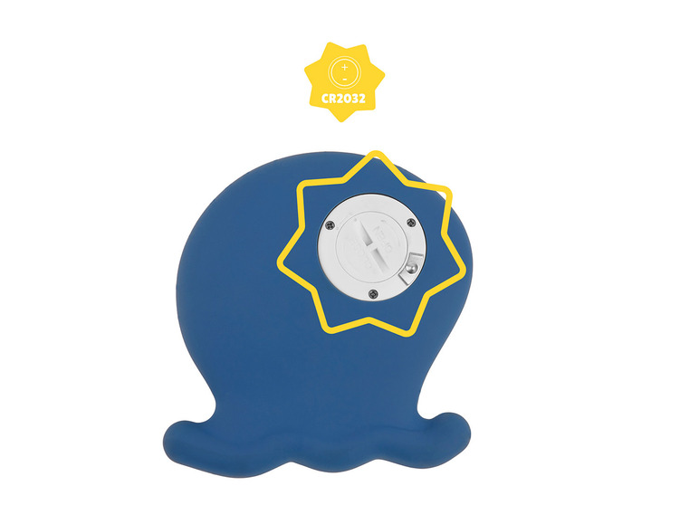 Blauwe, opblaasbare octopus met een batterijvak voor CR2032 batterijen.