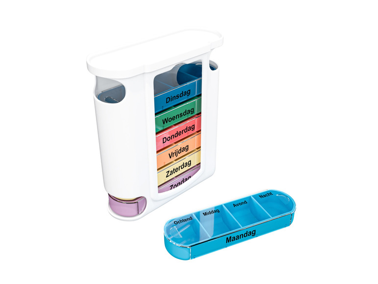 Een witte pillendoos met vakjes voor elke dag van de week en een blauwe pillendoos voor de ochtend, middag, avond en nacht.