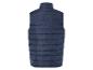 Een donkerblauw gewatteerd vest zonder mouwen.