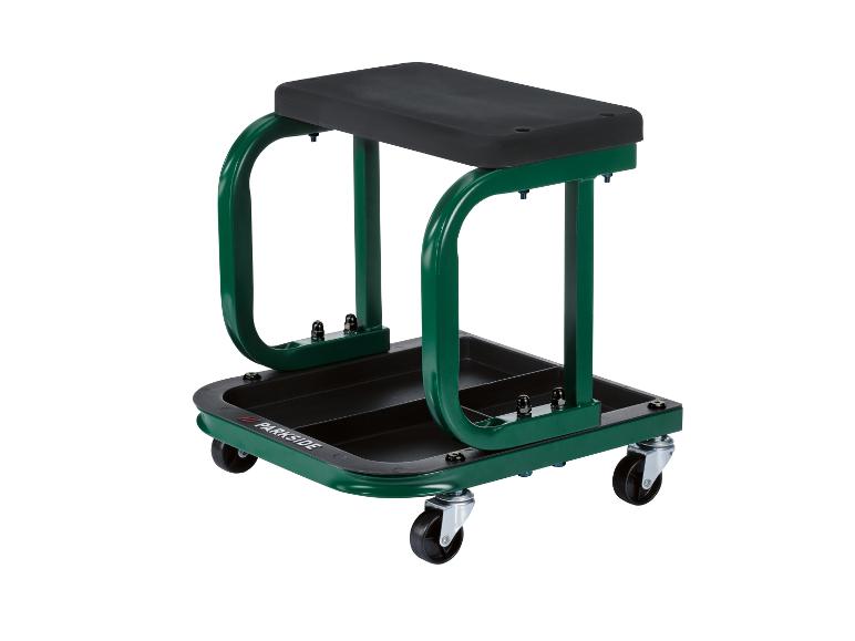 Parkside tuinkruk op wielen met opbergruimte, groen en zwart.