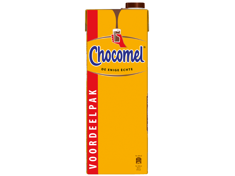 Chocolademelk in een pak met een geel-rood ontwerp.