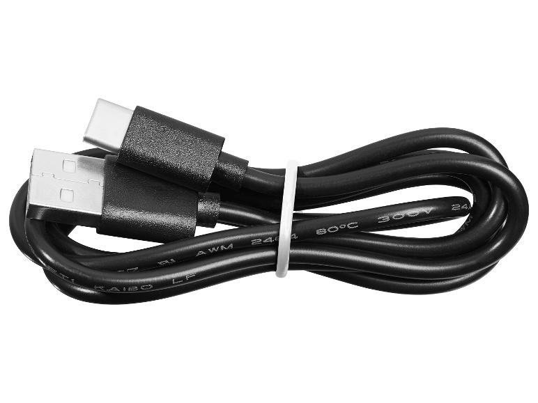 Opgerolde zwarte USB-C kabel.