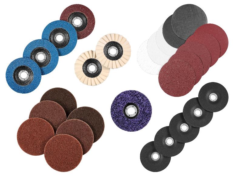 Een assortiment schuurschijven, waaronder lamellen-, polijst- en slijpschijven in diverse kleuren en maten.