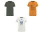 T-shirts met korte mouwen: een effen groene, een oranje met surfprint en een witte met sardineprint.