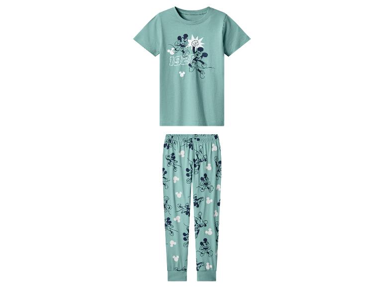 Mintgroene pyjama met T-shirt met korte mouwen en broek met cartoonfigurenprint en het nummer 1928.