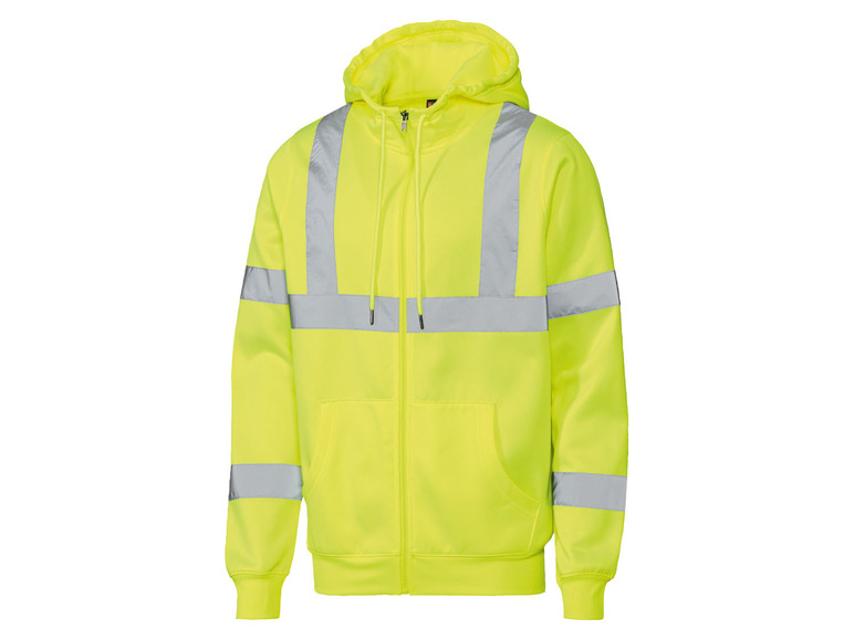 Gele hoodie met reflecterende strepen.