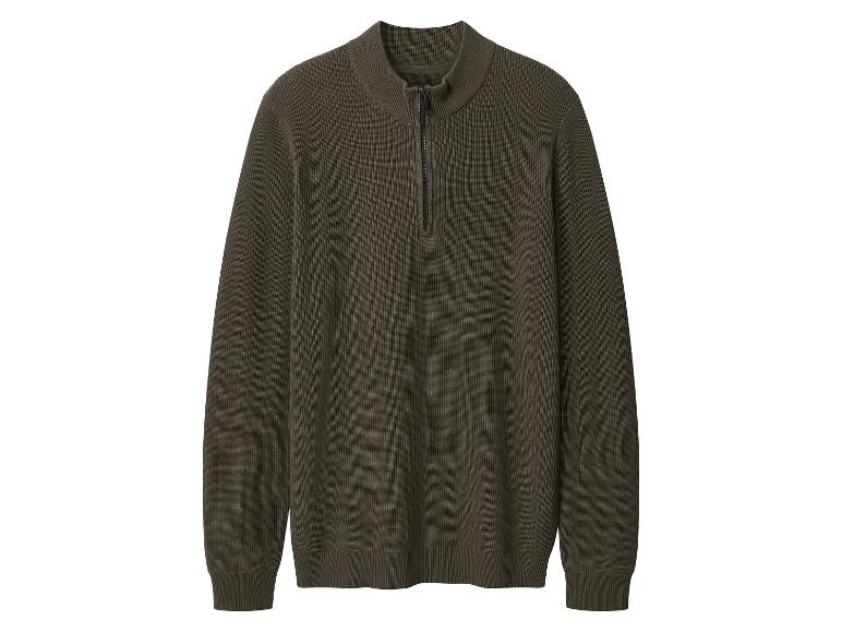 Donkergroene trui met korte rits en hoge kraag