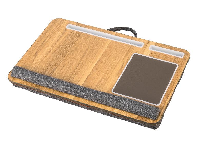 Houten draagbaar laptopbureau met kussen en houders.