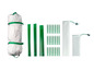 Een witte tent, groene tentstokken en haringen in zakken.