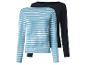 Twee dames longsleeves: één gestreept turquoise en wit, één zwart.