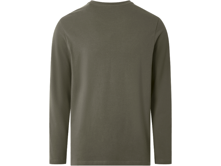 Een effen olijfgroen T-shirt met lange mouwen, achterkant.