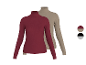 Twee geribbelde coltruien voor dames in bordeaux en beige, met kleurstalen.